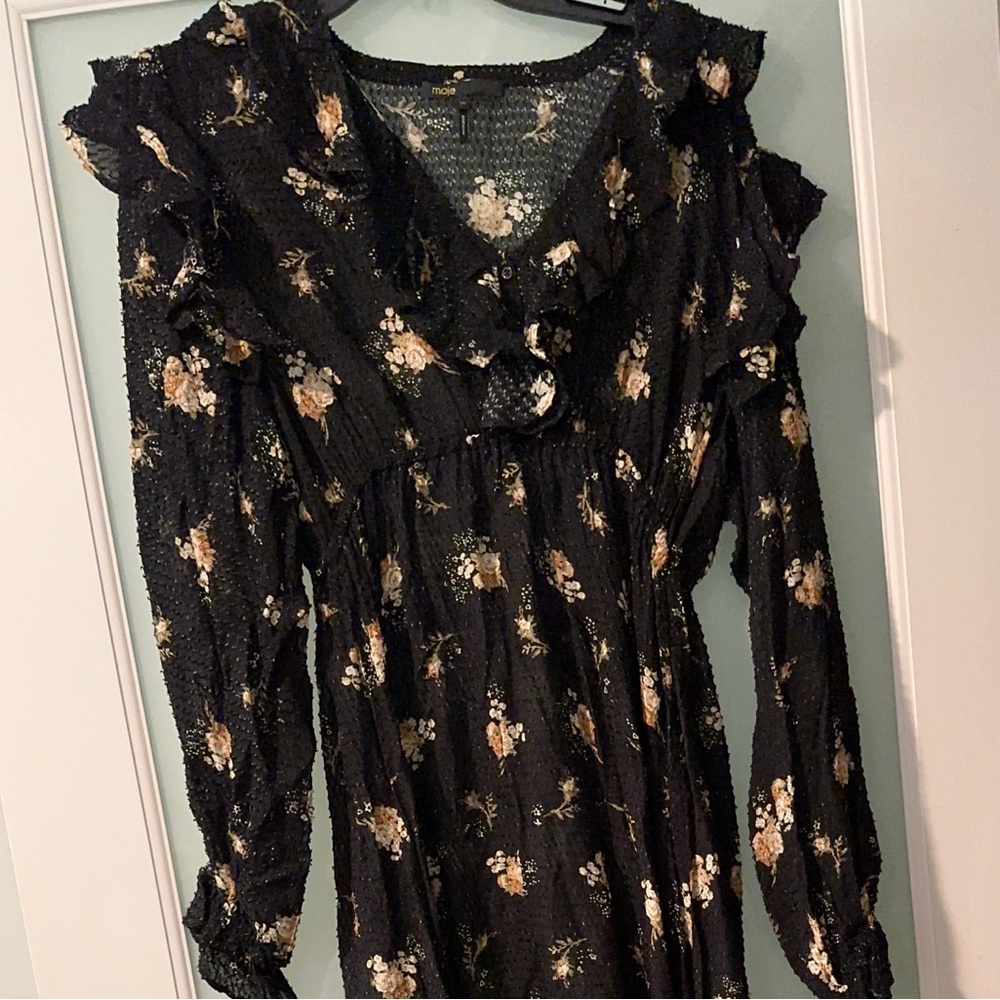 Maje Rider Midi Print on Black Floral Textured Dress Euro Size 36 - Picture 2 of 12